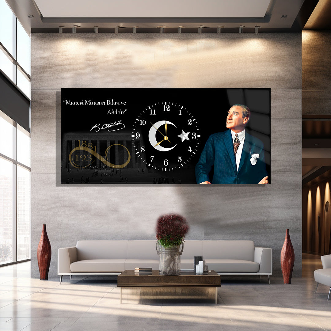 Saatli Atatürk Temalı Cam Tablo