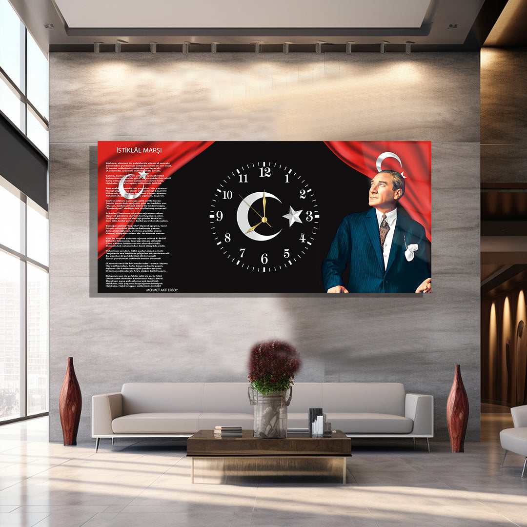 Saatli Atatürk Temalı Cam Tablo