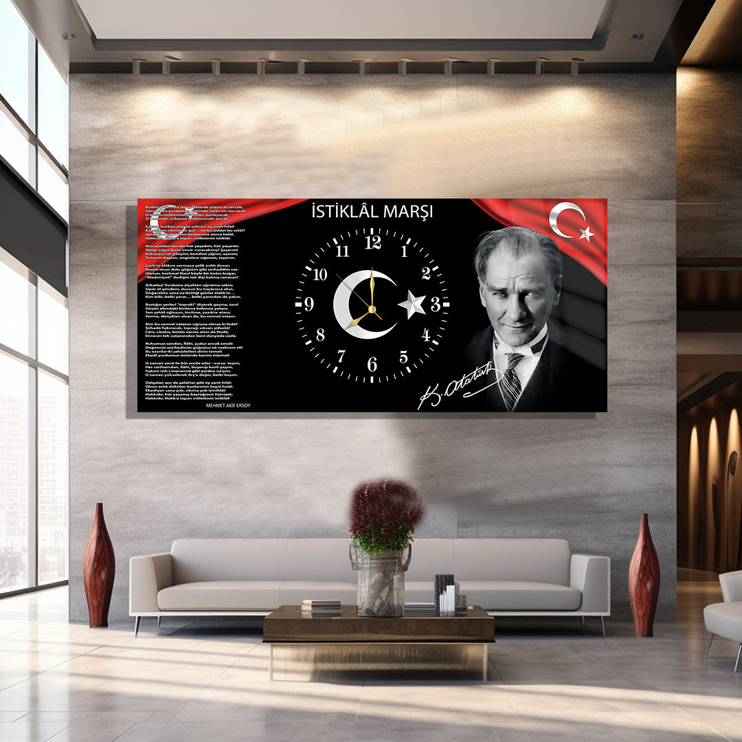 Saatli Atatürk Temalı Cam Tablo