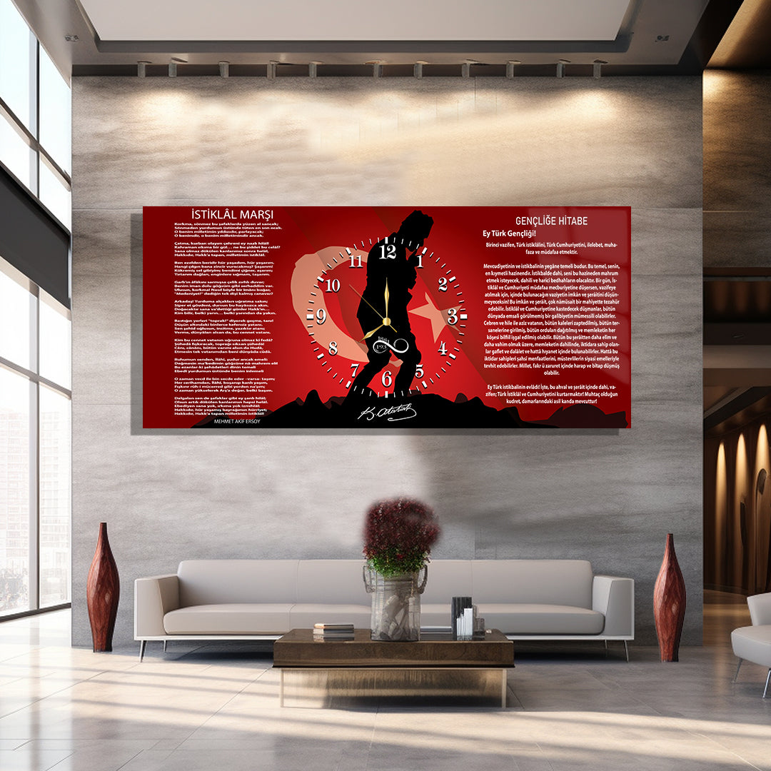 Saatli Atatürk Temalı Cam Tablo