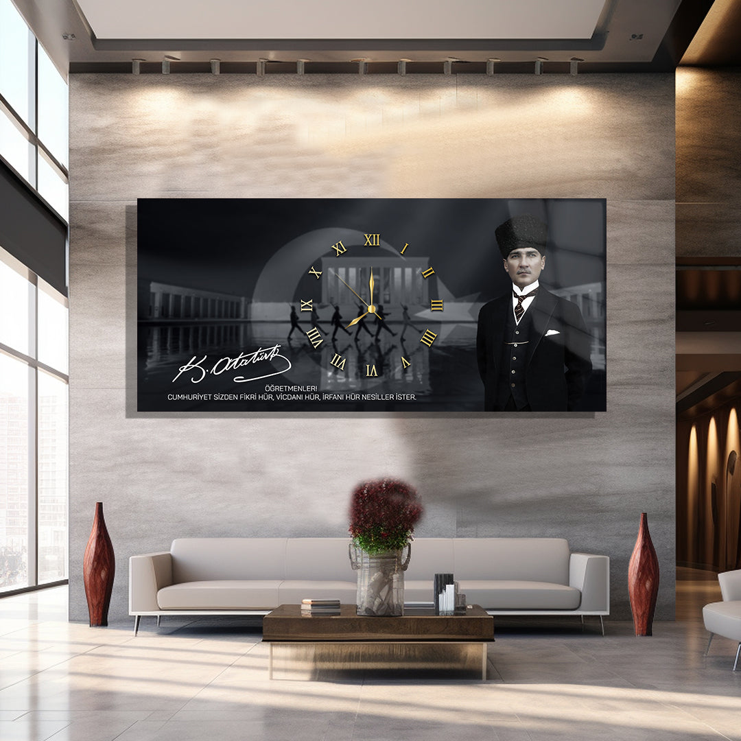 Saatli Atatürk Temalı Cam Tablo