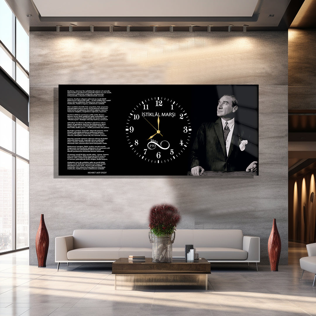 Saatli Atatürk Temalı Cam Tablo