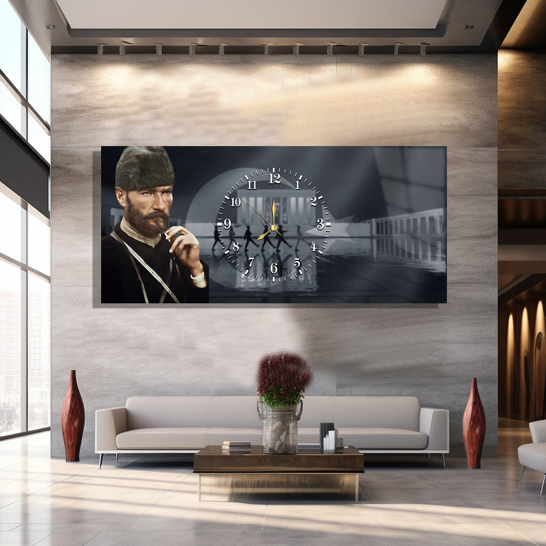 Saatli Atatürk Temalı Cam Tablo