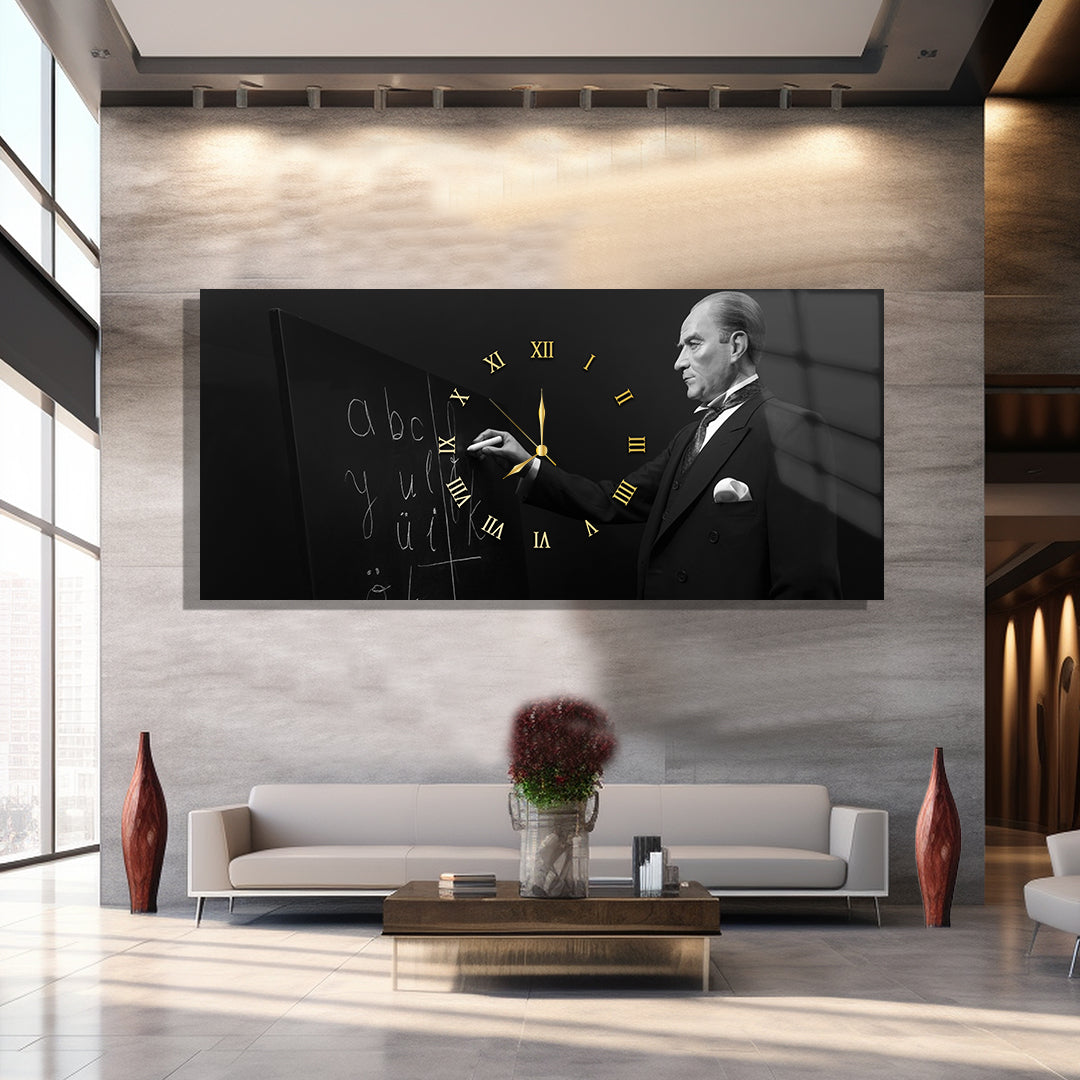 Saatli Atatürk Temalı Cam Tablo