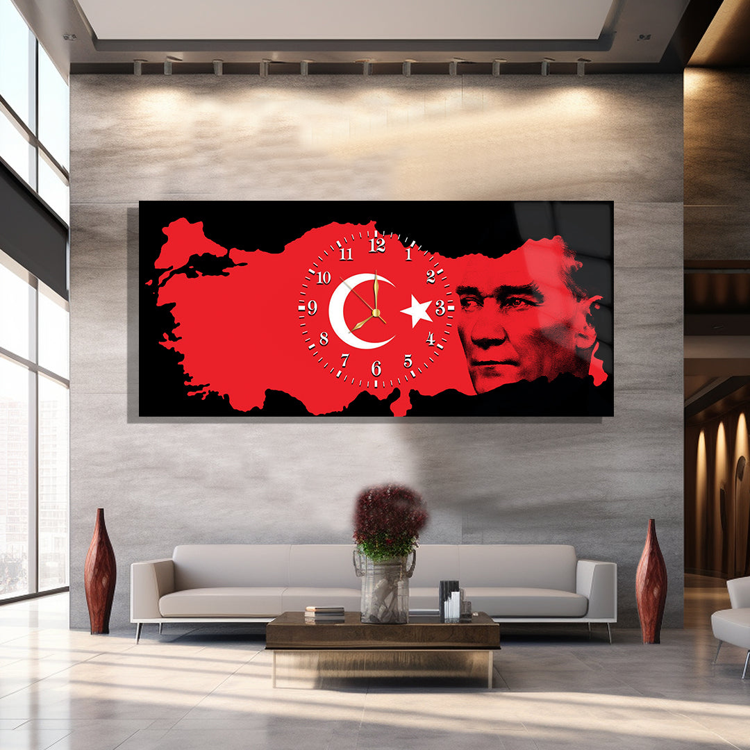 Saatli Atatürk Temalı Cam Tablo