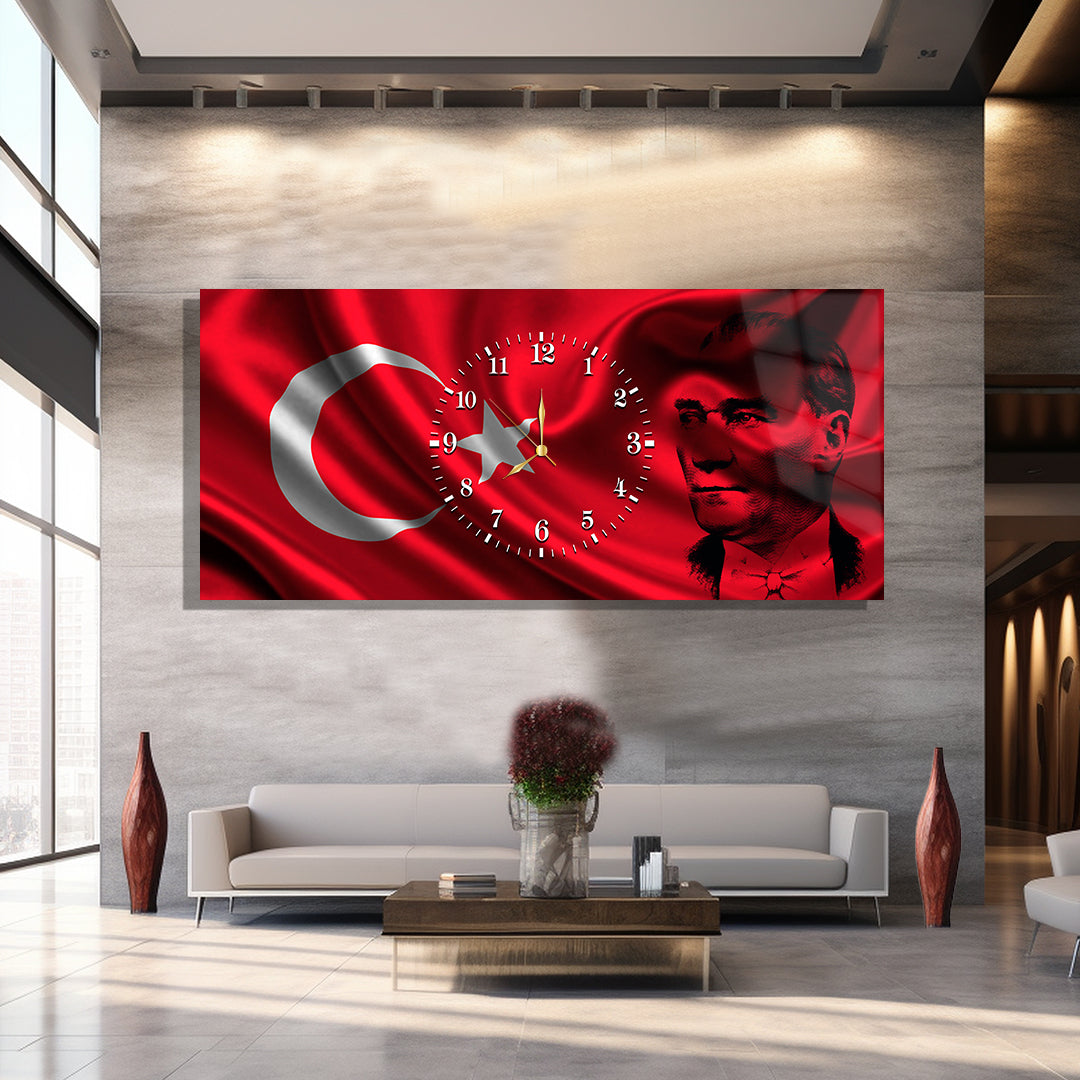 Saatli Atatürk Temalı Cam Tablo
