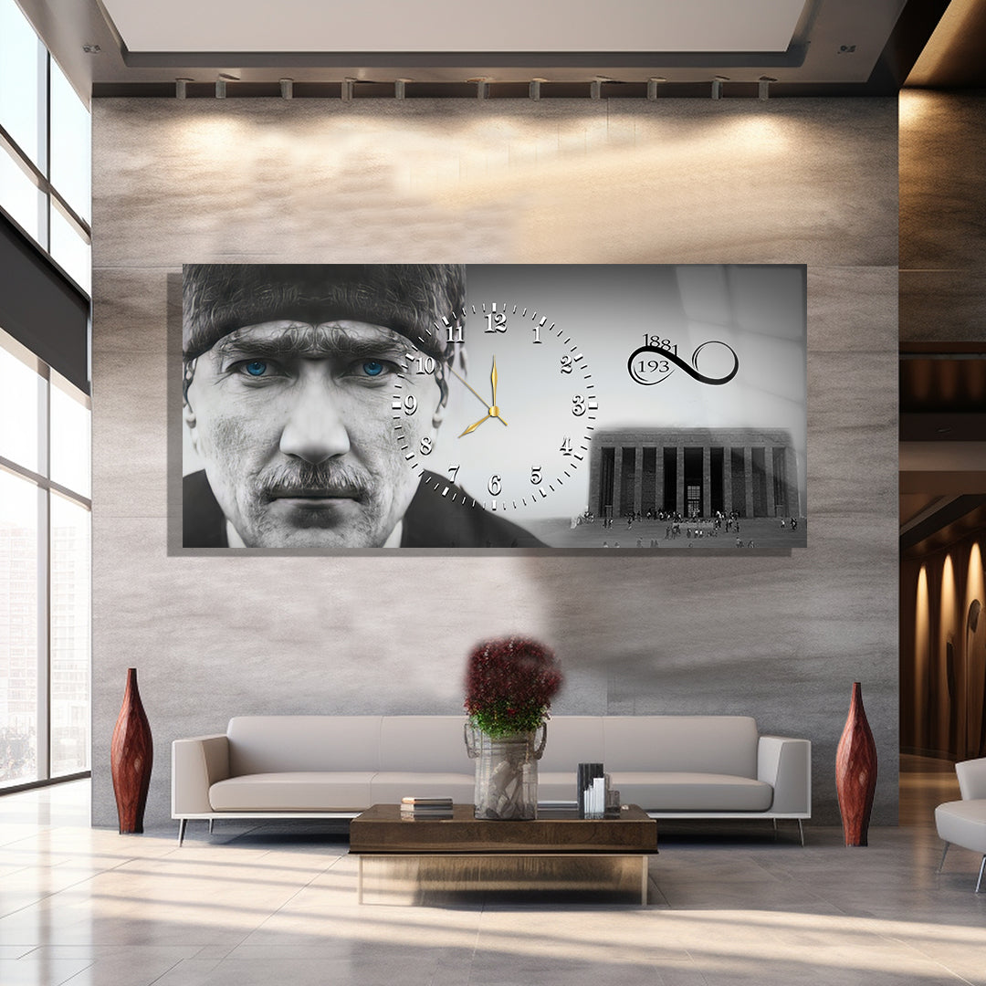 Saatli Atatürk Temalı Cam Tablo