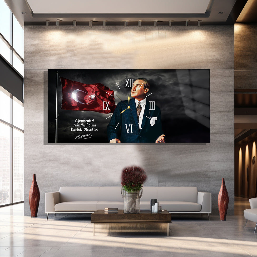 Saatli Atatürk Temalı Cam Tablo
