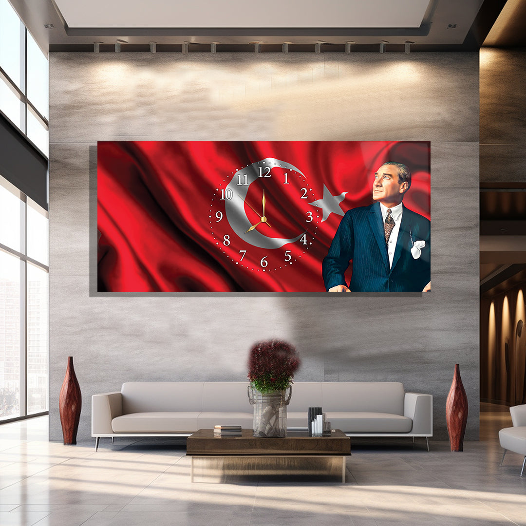 Saatli Atatürk Temalı Cam Tablo