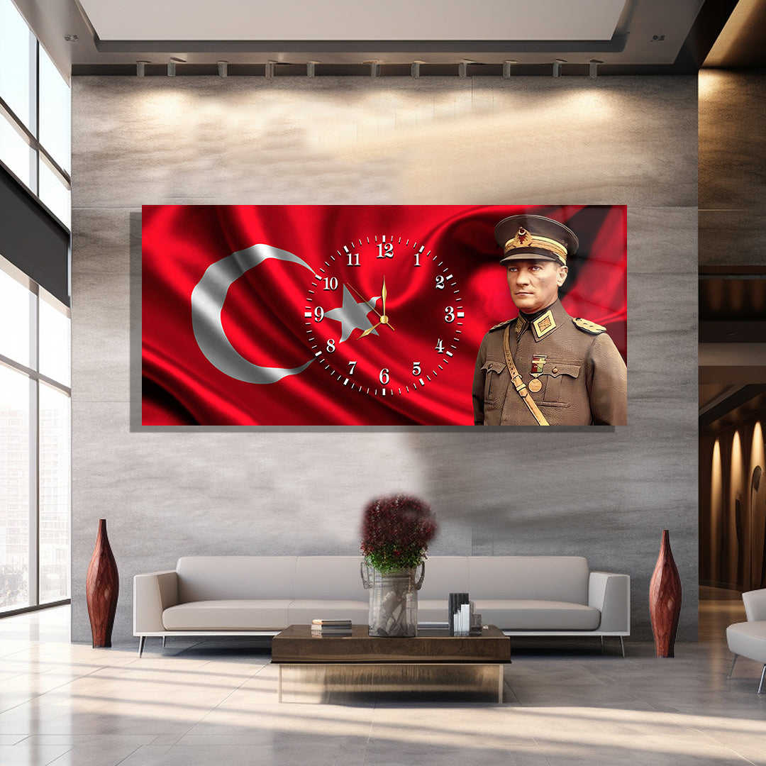 Saatli Atatürk Temalı Cam Tablo