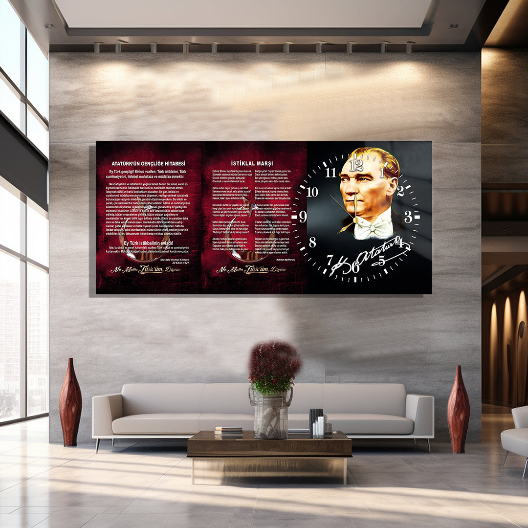 Saatli Atatürk Temalı Cam Tablo