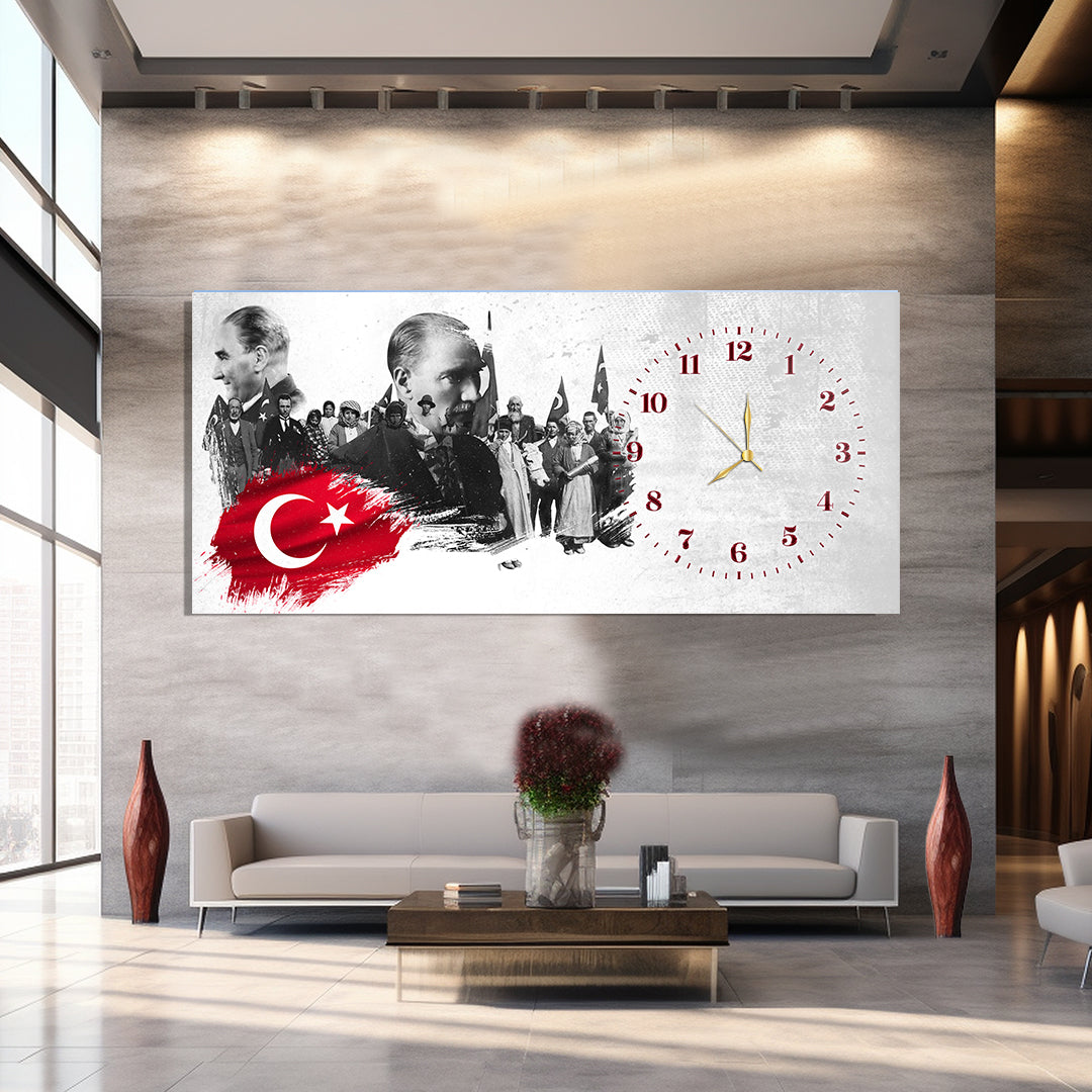 Saatli Atatürk Temalı Cam Tablo