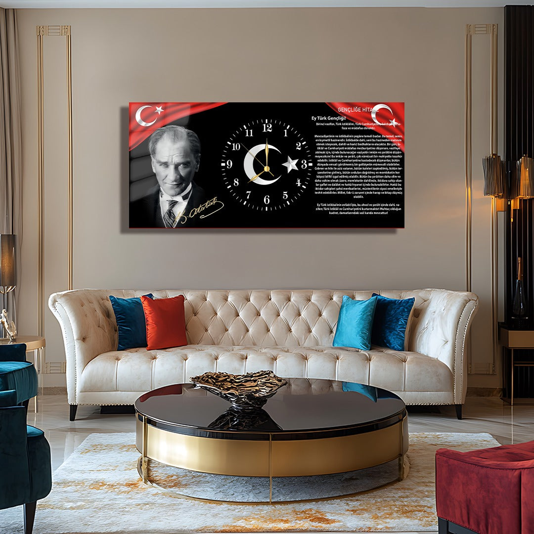 Atatürk ve Gençliğe Hitabe Temalı Saatli Cam Tablo